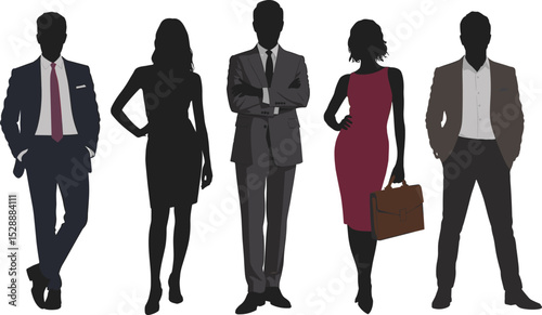Stylish business team silhouette illustration, modern professional office people, corporate group in formal attire, confident employee vector character design