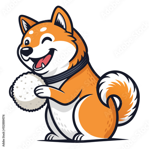 A happy Shiba Inu dog grins, proudly holding a perfectly formed onigiri (rice ball) in its paws.  The setting is simple and clean.