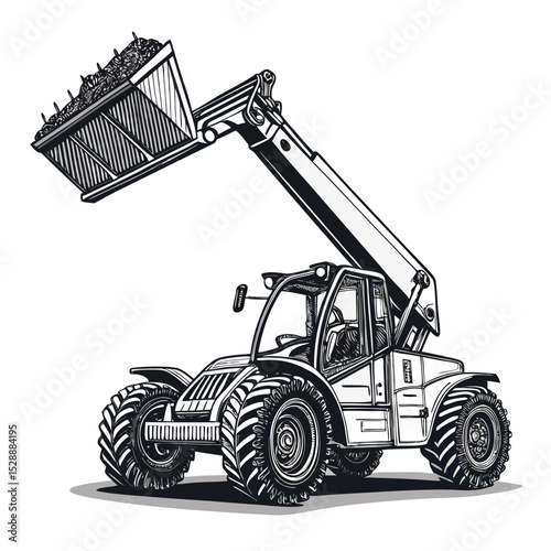 Generate a photorealistic image of a telehandler with a bucket attachment, isolated on a pure white background.  Show detailed textures and sharp focus.