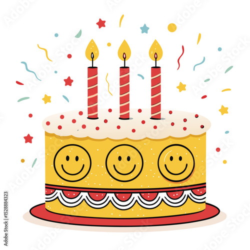 A simple, round cake decorated with colorful confetti, topped with smiling face candles.  Image should be bright and cheerful.