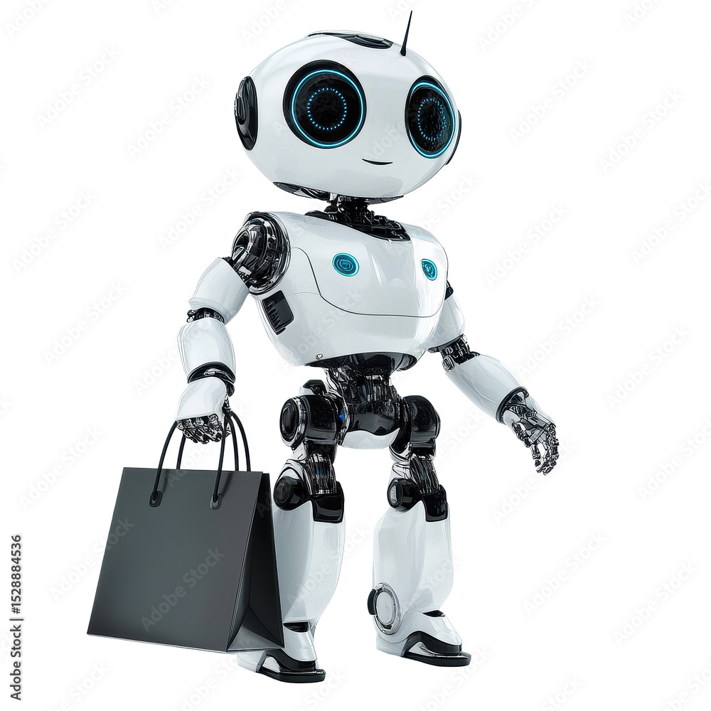Futuristic shopping robot holding a shopping bag in a clean, bright environment, Futuristic Shopping Robot Holding a Bag On white background Futuristic shopping robot holding a shopping bag in a clean, bright environment, Futuristic Shopping Robot Holding a Bag On white background