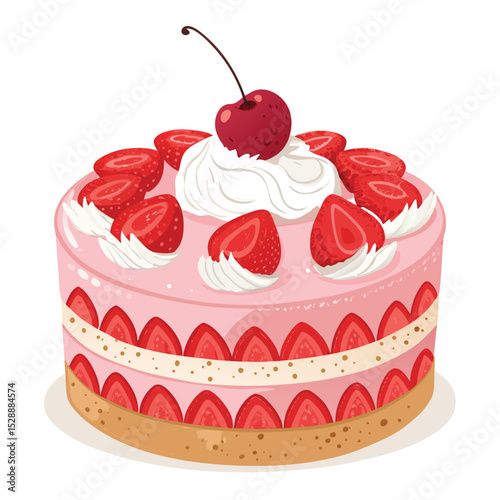 A delectable single-layer strawberry cake, showcasing fresh strawberries and a generous swirl of fluffy whipped cream.  The focus is on texture and vibrant color.
