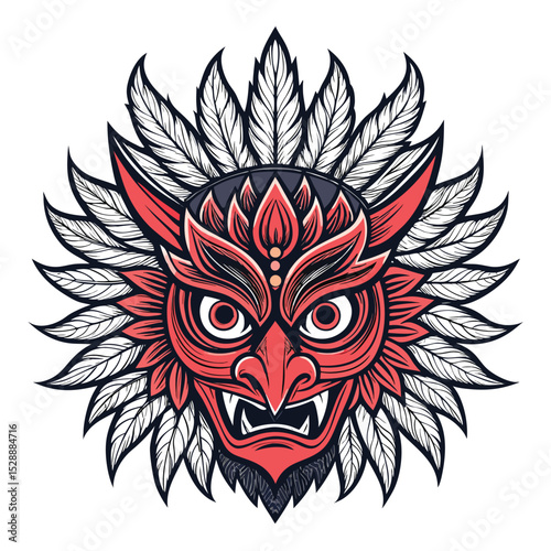 A meticulously detailed tengu demon mask, showcasing intricate featherwork and a sharp, hooked nose. Render in high resolution.