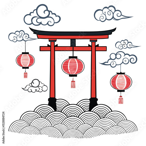 Ethereal torii gate, adorned with glowing lanterns, serenely floats amidst swirling clouds.  Render in vibrant, realistic detail.