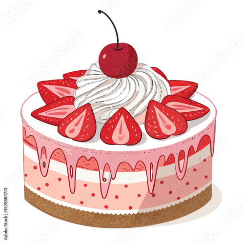 A delectable single-layer strawberry cake, adorned with fluffy whipped cream frosting, showcasing juicy, ripe strawberries.