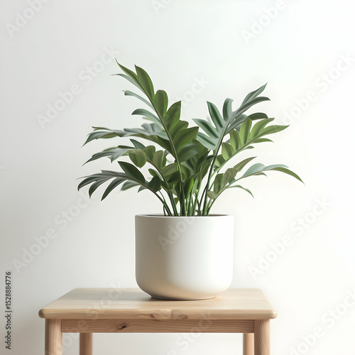 Green Plant in White Pot on Wooden Table with Light Background