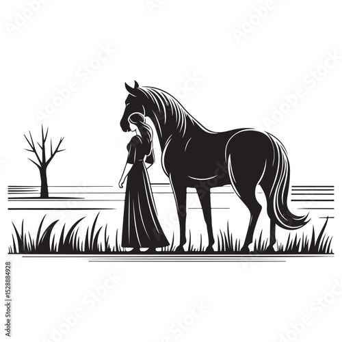 Woman and horse share a peaceful moment together in an open field