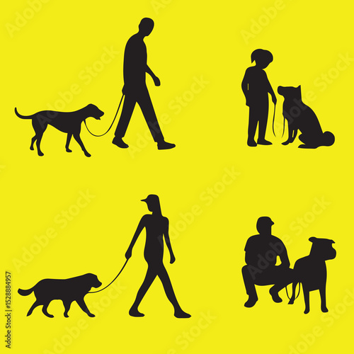 Set Of People Walking Their Dogs On Leashes Vector Silhouette Illustration