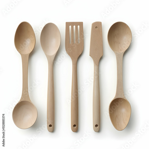 Wooden Kitchen Utensils Arranged on a White Background