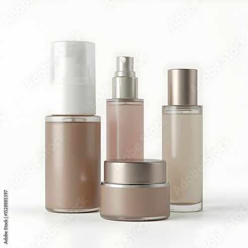 Various Cosmetic Bottles and Jars Isolated on White Background