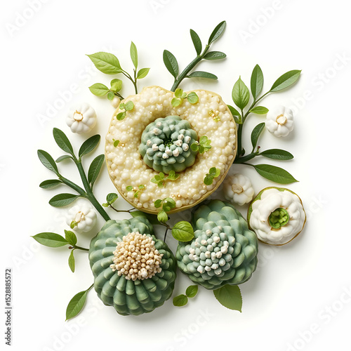 Decorative Botanical Arrangement with Green Leaves and Unique Floral Elements