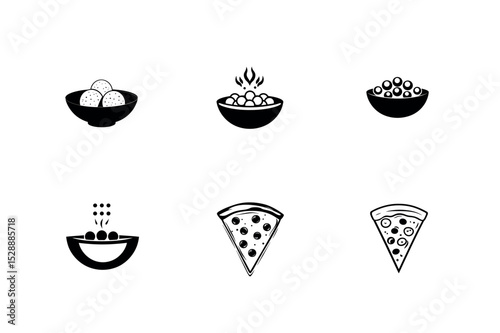 Food icons set pizza and bowls of food