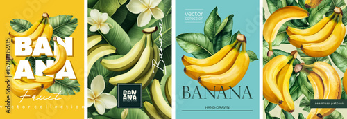 Hand drawn set of designs and patterns. Vectorized gouache illustrations. Illustrations of yellow bananas with flowers and leaves for poster, prints, menu, card or textile