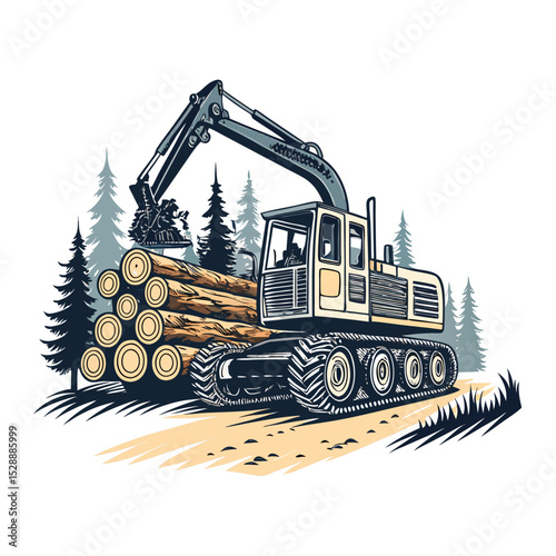A detailed image of a tracked forestry harvester machine efficiently felling and processing logs in a clearing, isolated on a white background.