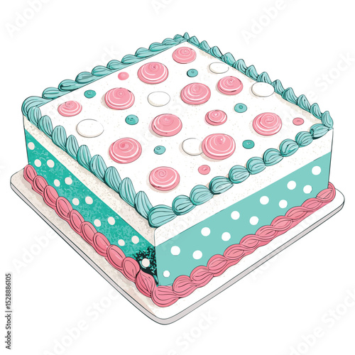 Generate a high-resolution image of a square-shaped cake adorned with vibrant, evenly spaced polka dot icing.  The dots should be multicolored.