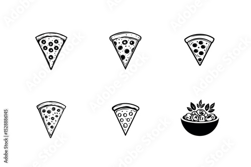 Five pizza slices and olives graphic design