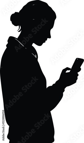 Person checking smartphone silhouette isolated on transparent background