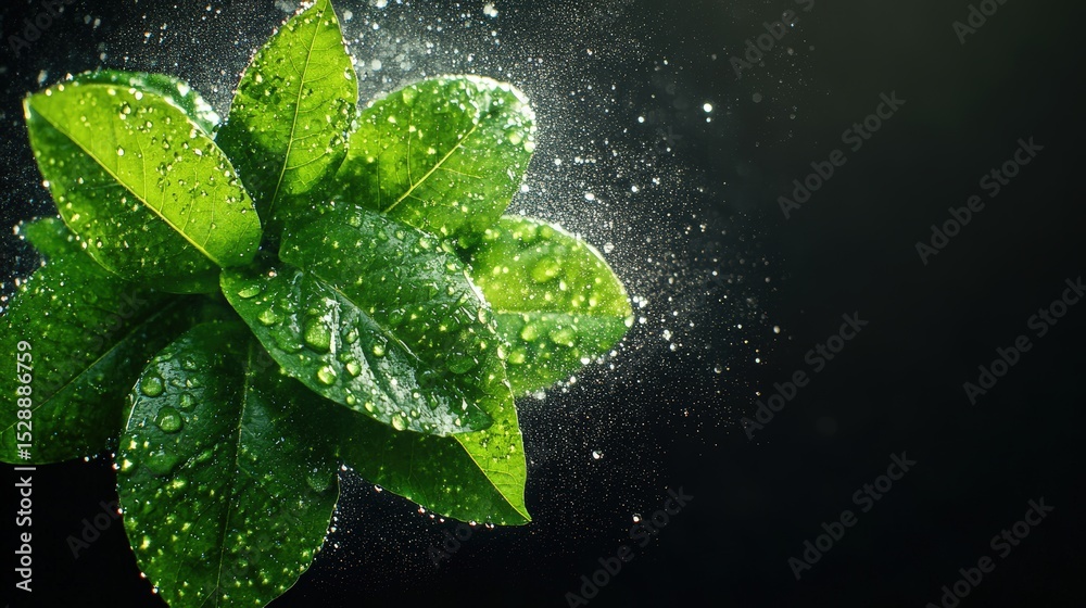 Fresh green mint leaves with water droplets falling on dark background creating a splash effect Fresh green mint leaves with water droplets falling on dark background creating a splash effect