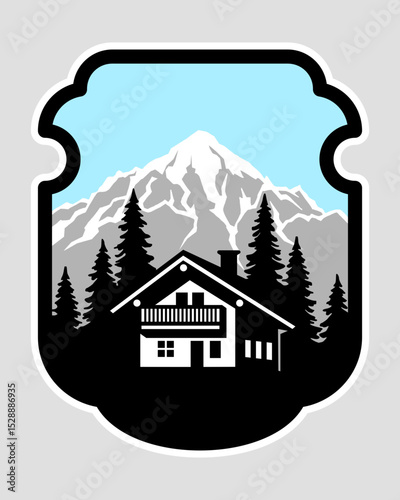 Sticker with mountain landscape and chalet house against the background of fir trees