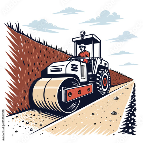 A small trench roller skillfully compacts soil within a confined, narrow space during construction.  Image should showcase the machine's maneuverability.