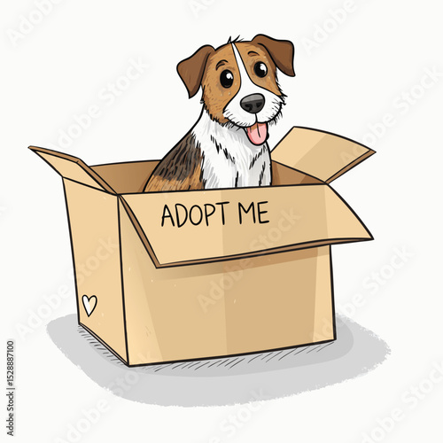 A cute terrier dog sits happily inside a small cardboard box clearly labeled "Adopt Me!"  The box is slightly worn, adding to the charm.