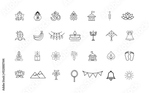A collection of line art representing Hindu religious and cultural elements, including deities, symbols, and traditions. Perfect for spiritual themes, cultural studies, or festival purposes.

