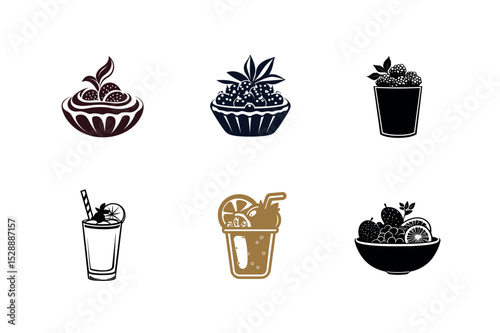 Six fruit dessert and drink icons set
