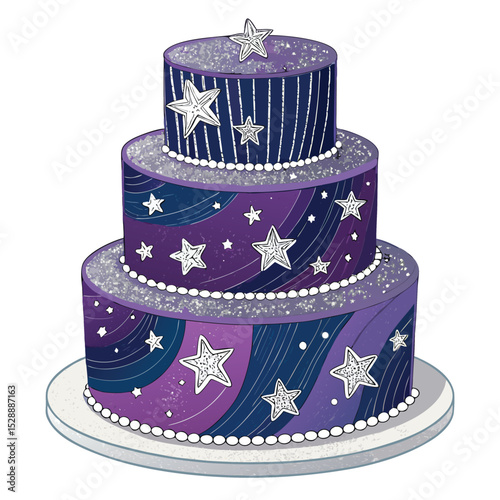 Create a vibrant image of a multi-tiered birthday cake decorated with a stunning galaxy theme, complete with edible stars and nebula-like swirls.