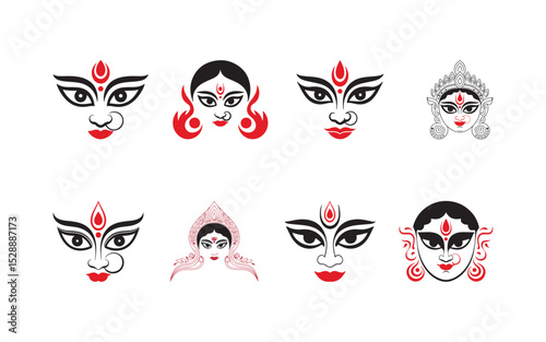 A vector collection of various artistic depictions of the Indian goddess Durga faces, featuring traditional motifs. symbolizes divine power, spirituality, and cultural heritage in a stylized form.
