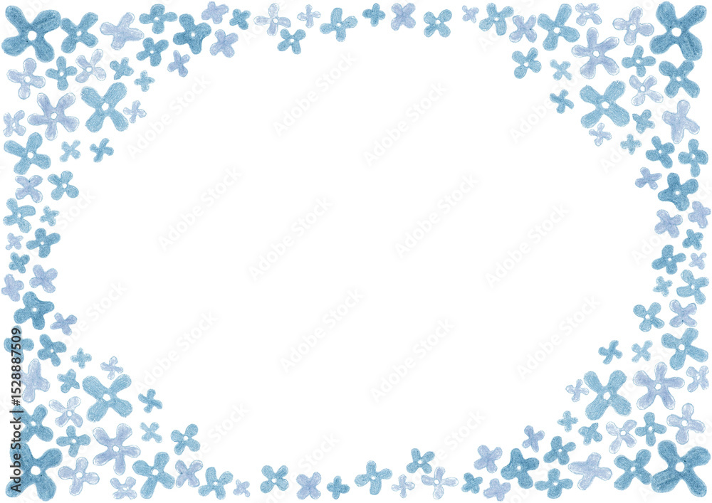 Fototapeta premium Frame with floral patterns in each corner and around background edges. Simple four petal flowers. Lilac. Different shades of blue. Drawing with colored pencils. White copy space. Invitation, card.