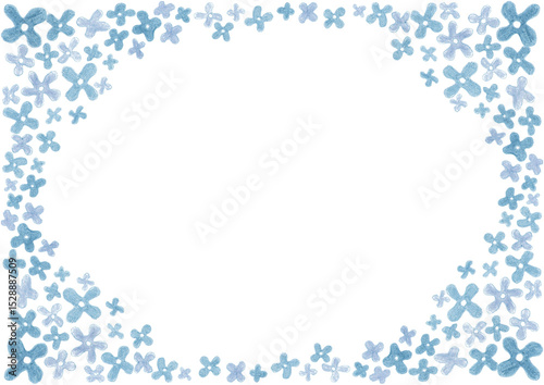 Frame with floral patterns in each corner and around background edges. Simple four petal flowers. Lilac. Different shades of blue. Drawing with colored pencils. White copy space. Invitation, card.