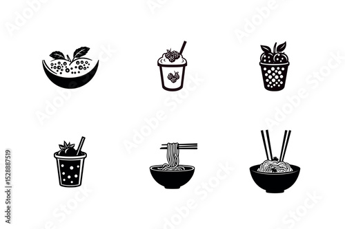 Six black and white food and drink icons