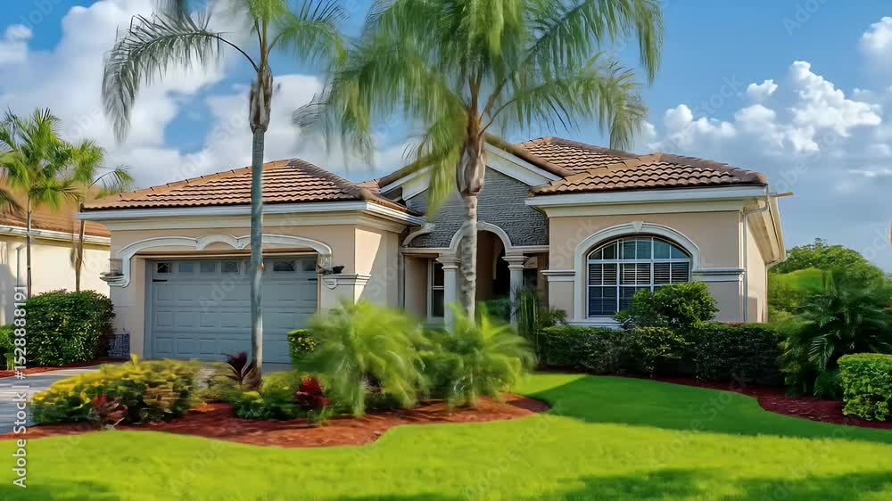 Exterior Of A Beige Residential House with Grey Garage Surrounded By Green Yard And Palm Trees Under Bright Blue Sky Exterior Of A Beige Residential House with Grey Garage Surrounded By Green Yard And Palm Trees Under Bright Blue Sky