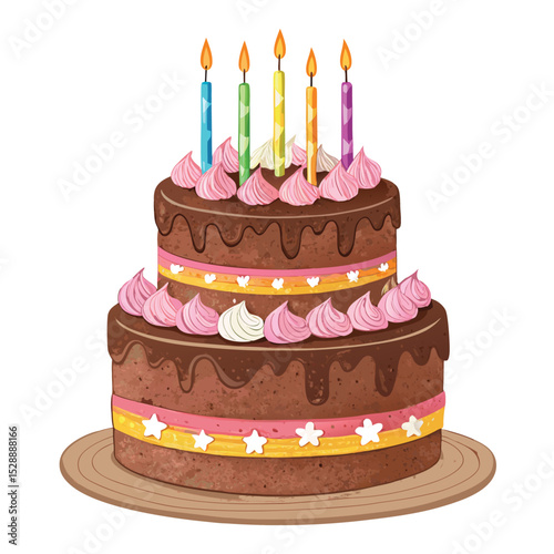 A delectable two-tiered chocolate birthday cake adorned with vibrant rainbow sprinkles and buttercream frosting.