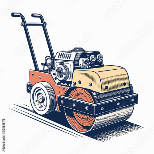 Close-up detailed image of a vibratory plate compactor, showcasing its roller, hand grips, and engine.  Highlighting its industrial use.