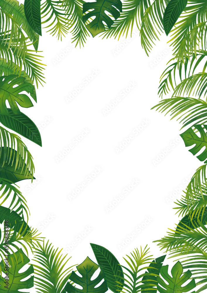 Fototapeta premium 水彩風 トロピカル熱帯植物のセット飾りフレーム1 縦 Summer Tropical Series:Watercolor Tropical Frame: Leaves