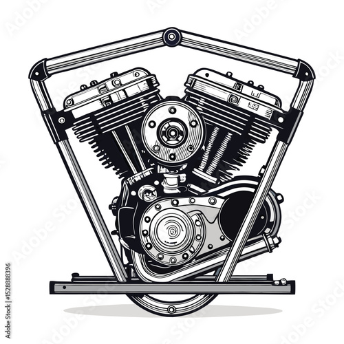 Detailed render of a V-twin engine meticulously integrated within a sleek, metallic aircraft wing frame.  ISO (1) lighting.