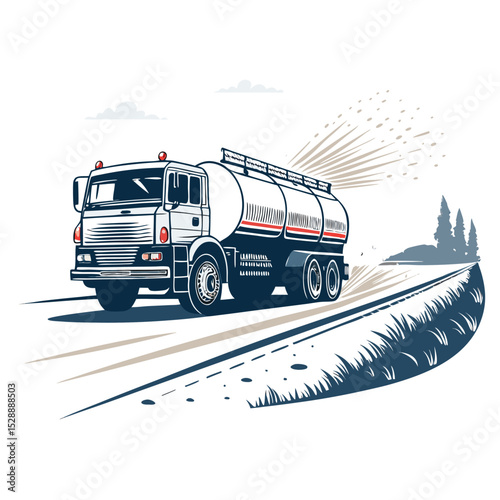 A lone water tanker truck, isolated on white, sprays water onto a dusty, brown road, suppressing dust.  High-resolution image.