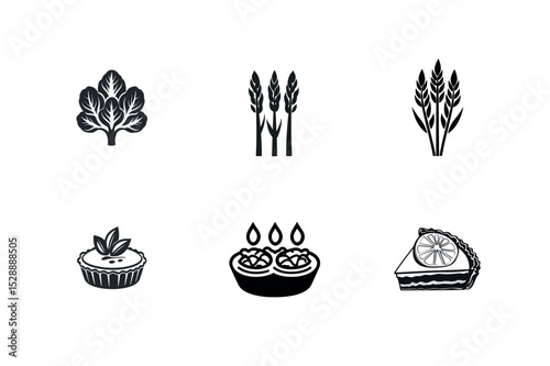 Black and white food icons set vegetables and pies