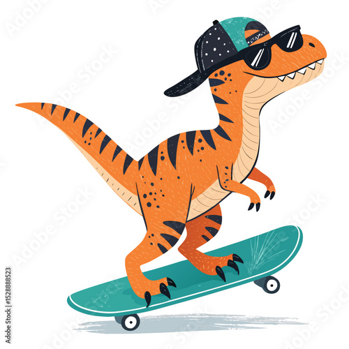 A cool velociraptor shreds on a skateboard, wearing stylish sunglasses.  The scene is vibrant and humorous.