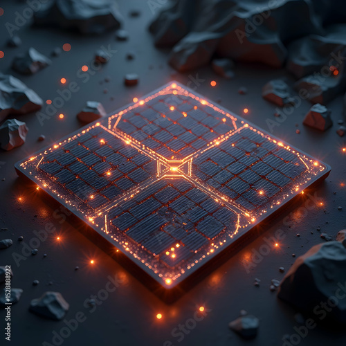 Abstract Square Grid with Glowing Lines and Rocks