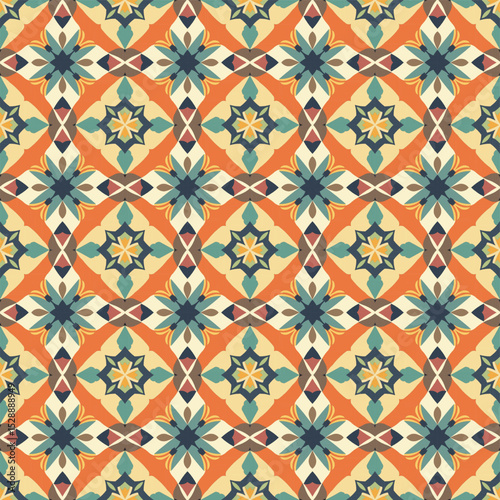 Geometric flower patterns, orange background seamless, light green and grayish-blue flowers, vector patterns are used for tile wallpaper and fabric.