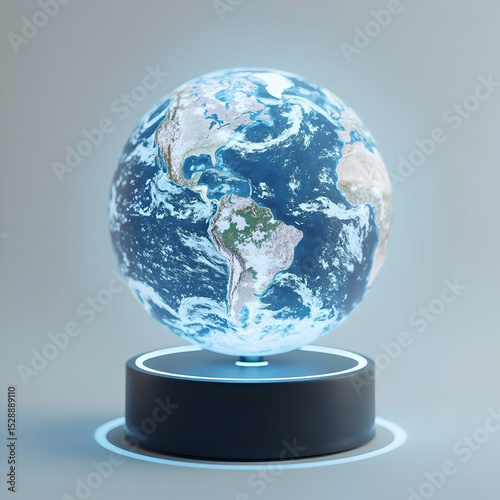 Earth Globe Floating Above Circular Base with Soft Lighting