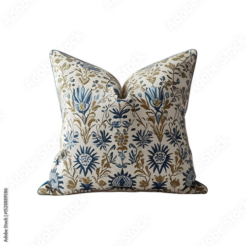 Elegant Floral Pillow, Blue and Beige Design isolated on transparent background Generative AI.