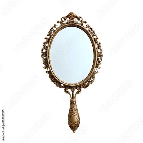 Ornate Antique Hand Mirror, Golden Elegance isolated on transparent background Generative AI.