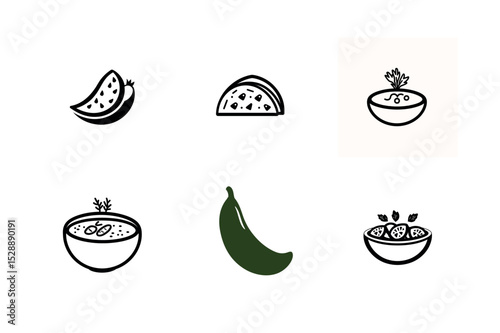 Simple line icons of watermelon banana and bowls of soup and salad