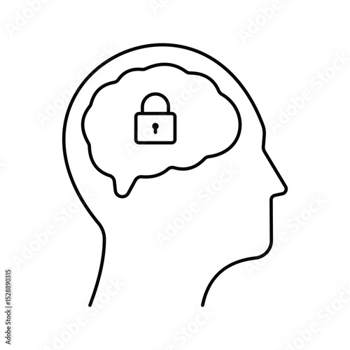 Vector graphic illustration of a fixed mindset icon showing a person's head with a locked brain. Ideal for educational, psychology, self growth, business, or other related presentations.
