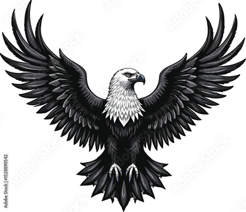 Powerful monochrome bald eagle with outstretched wings, vector illustration on a white background.