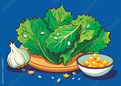 Fresh greens. garlic. and a bowl of corn.