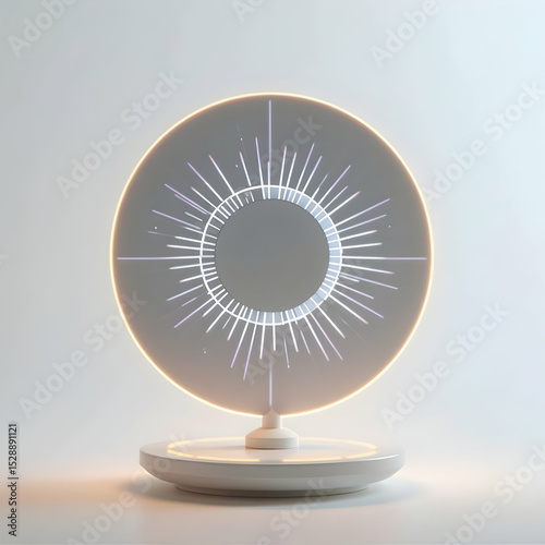 Illuminated Circular Object with Light Ray Design on Stand